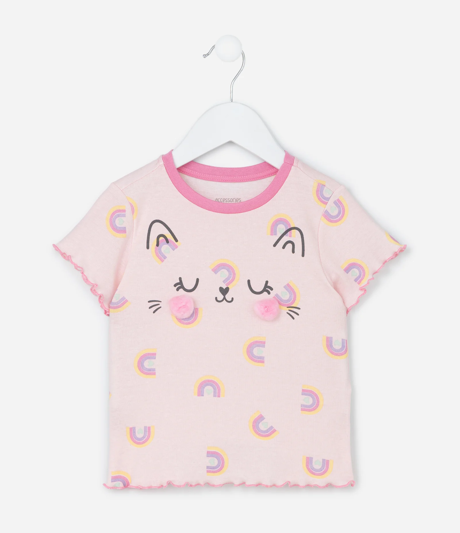 Pijama Curto Infantil com Estampa de Gatinho com Bochechas de Pompom - Tam 1 a 4 Anos Rosa claro 2