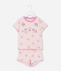 Pijama Curto Infantil com Estampa de Gatinho com Bochechas de Pompom - Tam 1 a 4 Anos