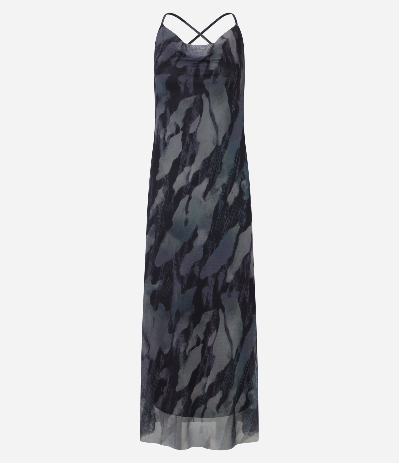 Vestido Longo em Tule com Decote Degagê e Estampa Abstrata Preto 6