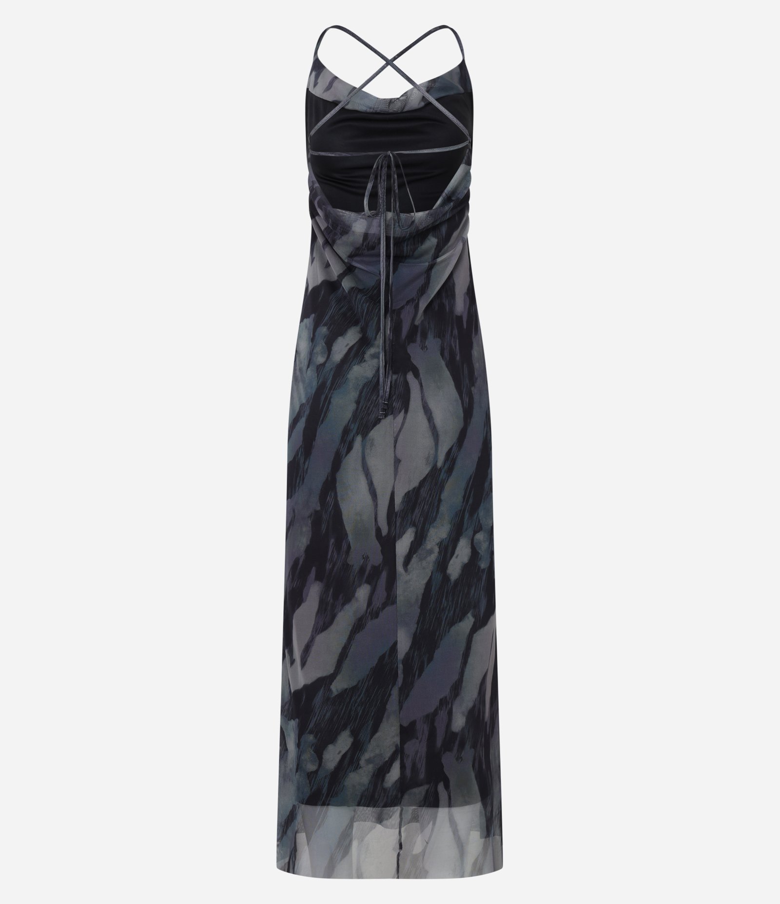 Vestido Longo em Tule com Decote Degagê e Estampa Abstrata Preto 8