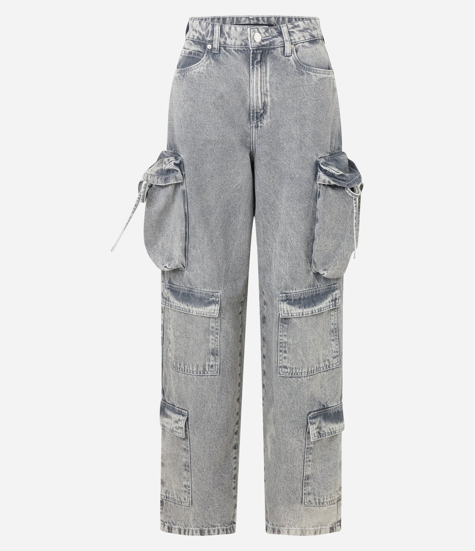Calça Baggy em Jeans com Bolsos Cargo e Fitilhos Cinza 7