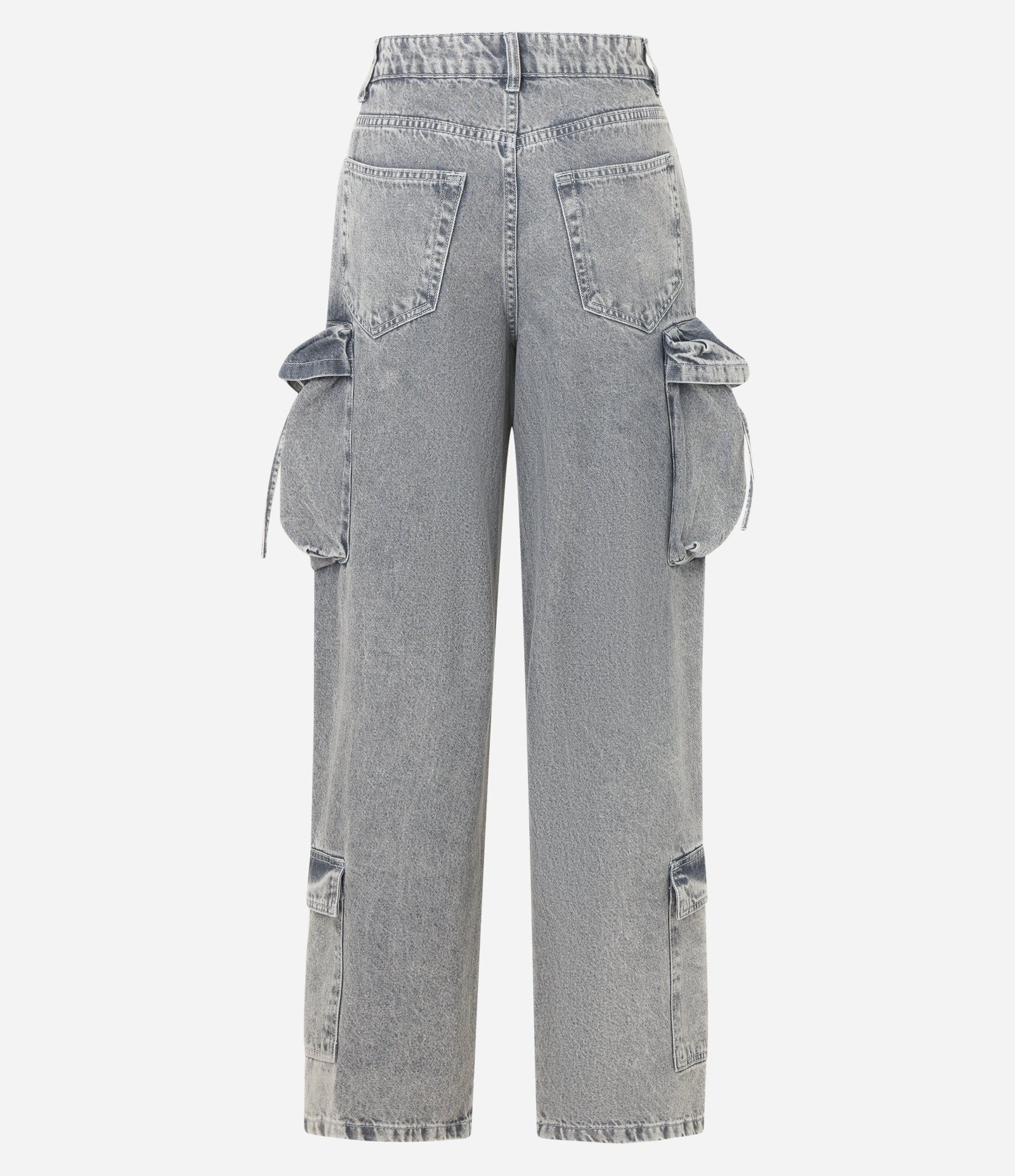 Calça Baggy em Jeans com Bolsos Cargo e Fitilhos Cinza 8