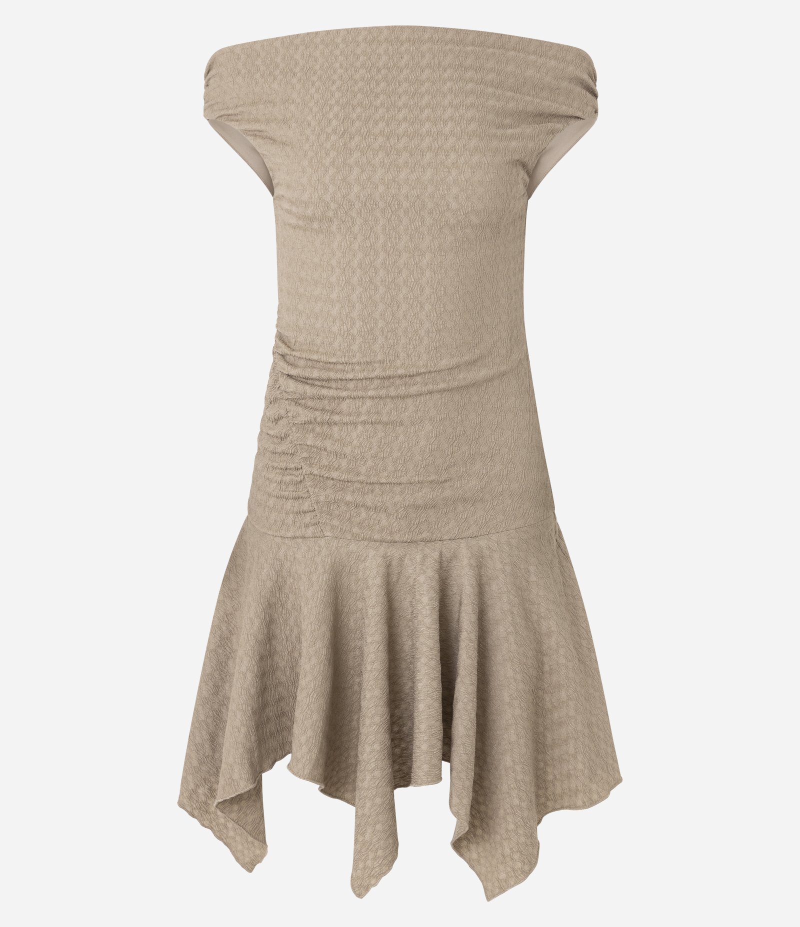 Vestido Curto Texturizado Ombro a Ombro e com Barra em Pontas Bege 6