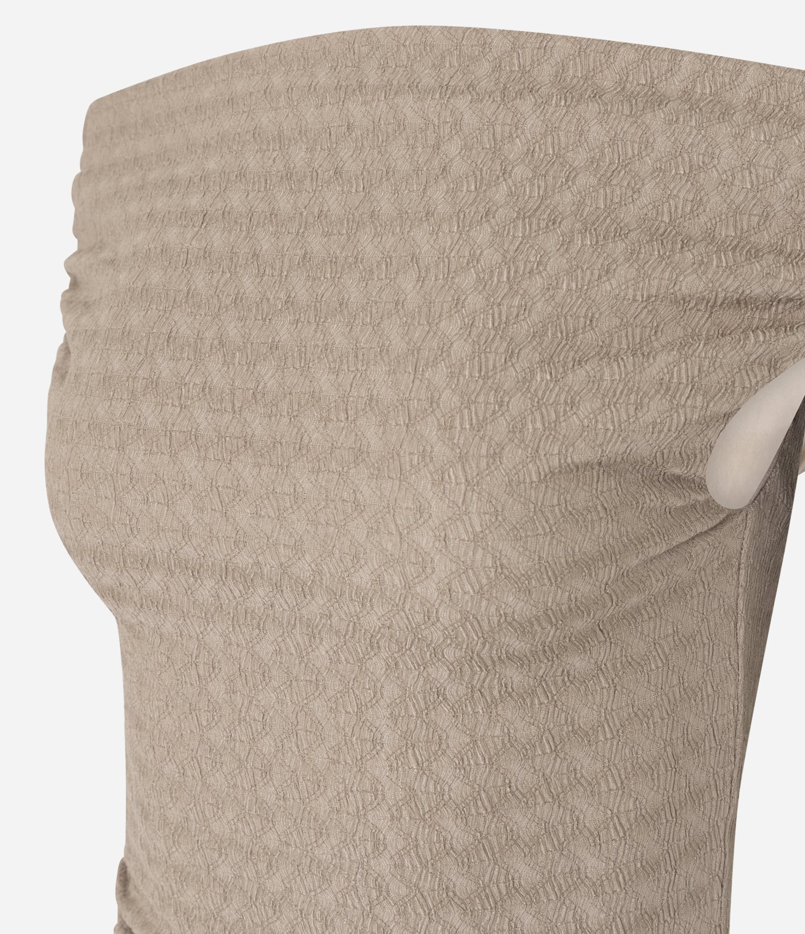 Vestido Curto Texturizado Ombro a Ombro e com Barra em Pontas Bege 7