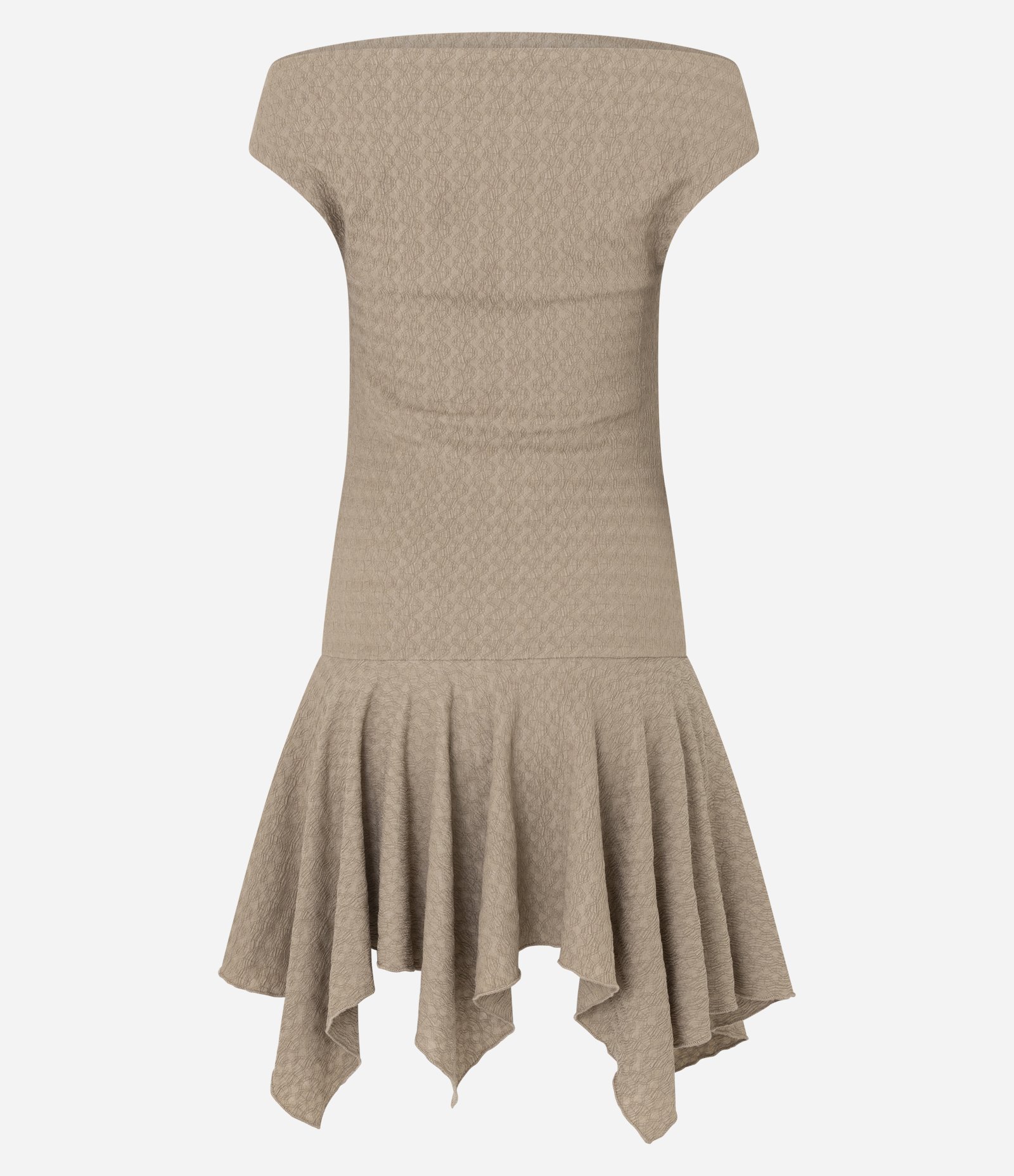 Vestido Curto Texturizado Ombro a Ombro e com Barra em Pontas Bege 8