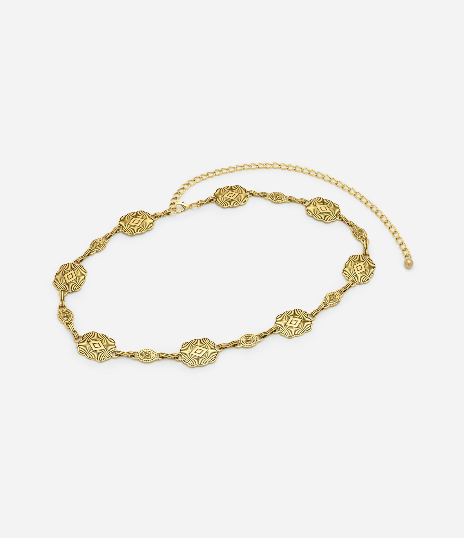 Cinto em Metal com Moedas Trabalhadas e Corrente Dourado 1