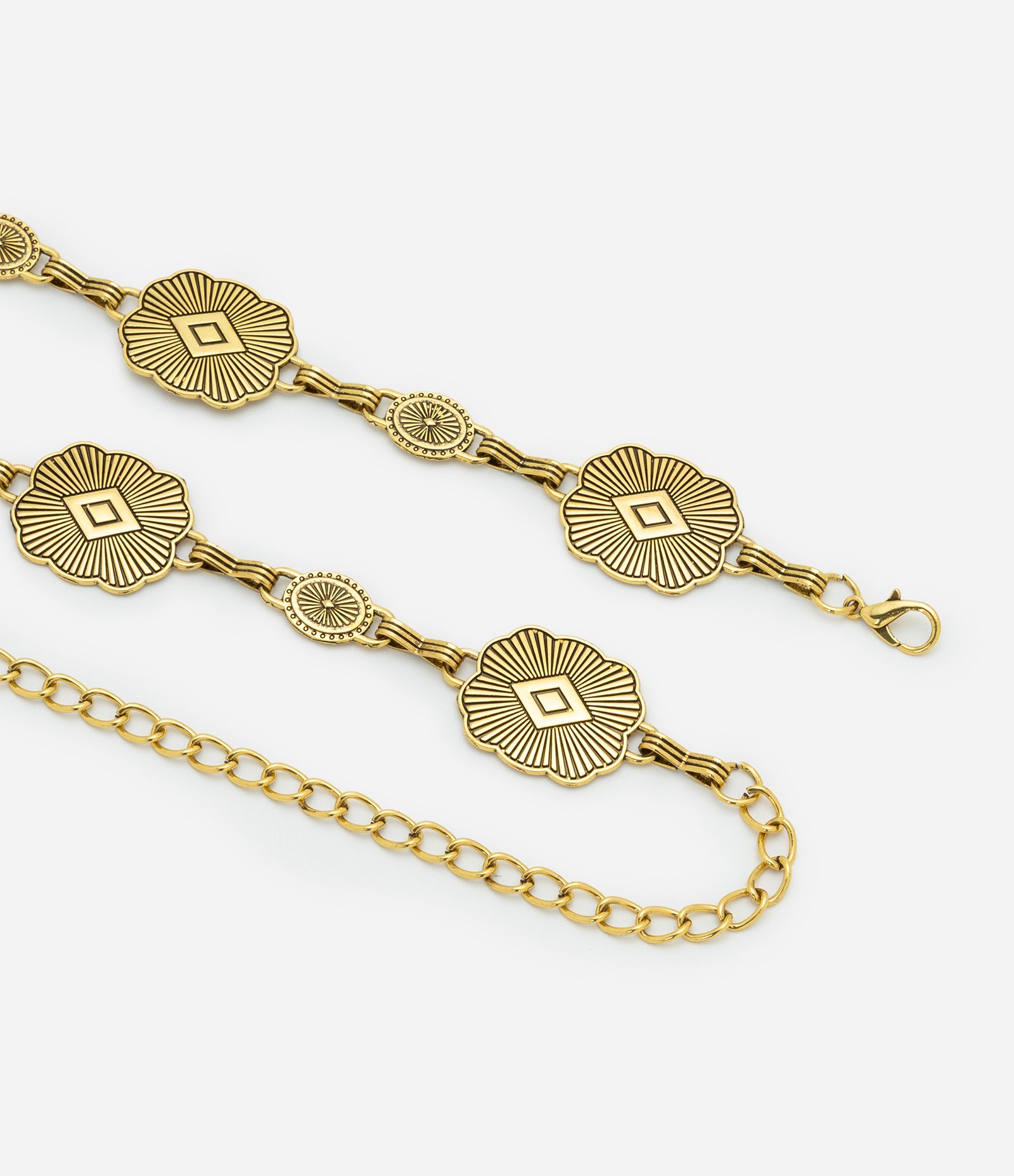 Cinto em Metal com Moedas Trabalhadas e Corrente Dourado 3