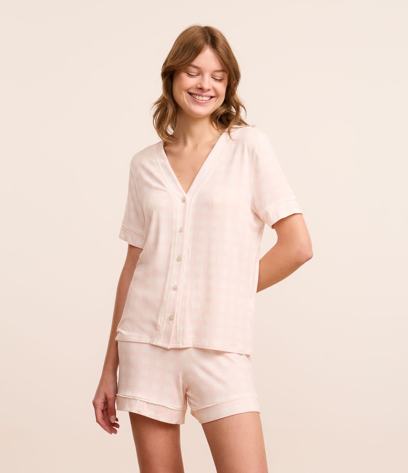 Pijama Short Doll em Viscose com Estampa Xadrez Vichy Rosa 1