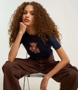 Camiseta Baby Look em Algodão com Estampa Urso