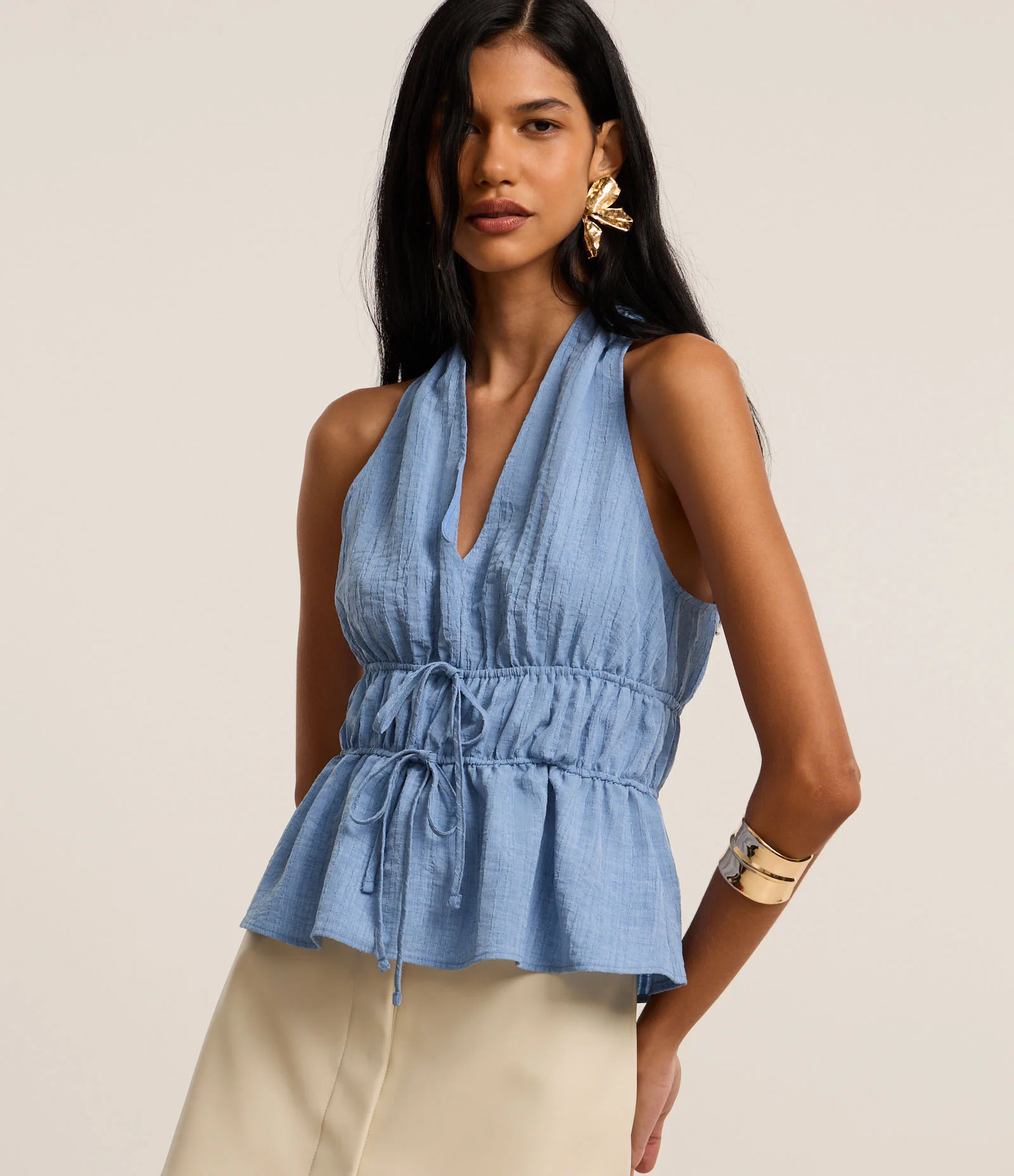 Blusa Texturizada com Elástico Duplo e Amarração Azul 1