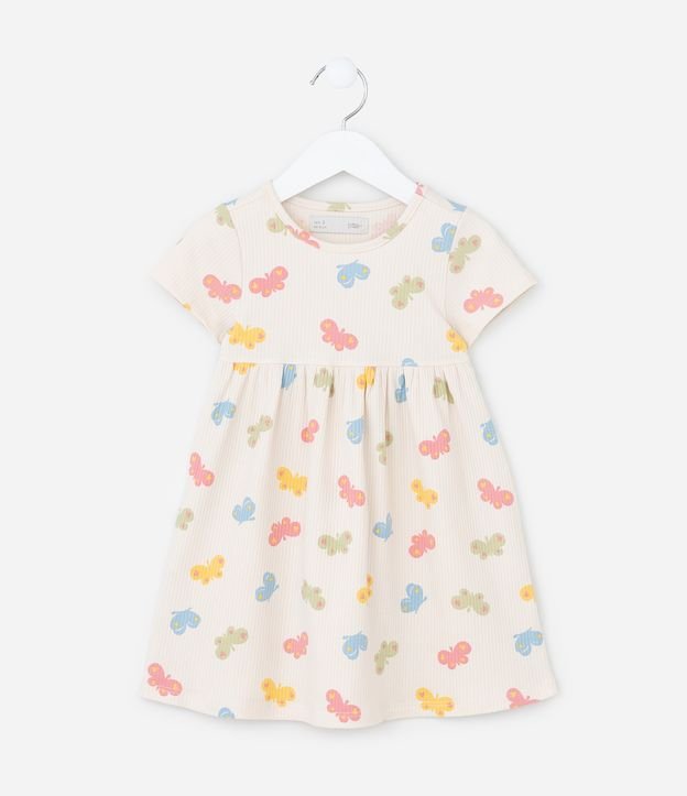 Vestido Infantil Canelado com Estampa Borboletas - Tam 1 a 6 Anos