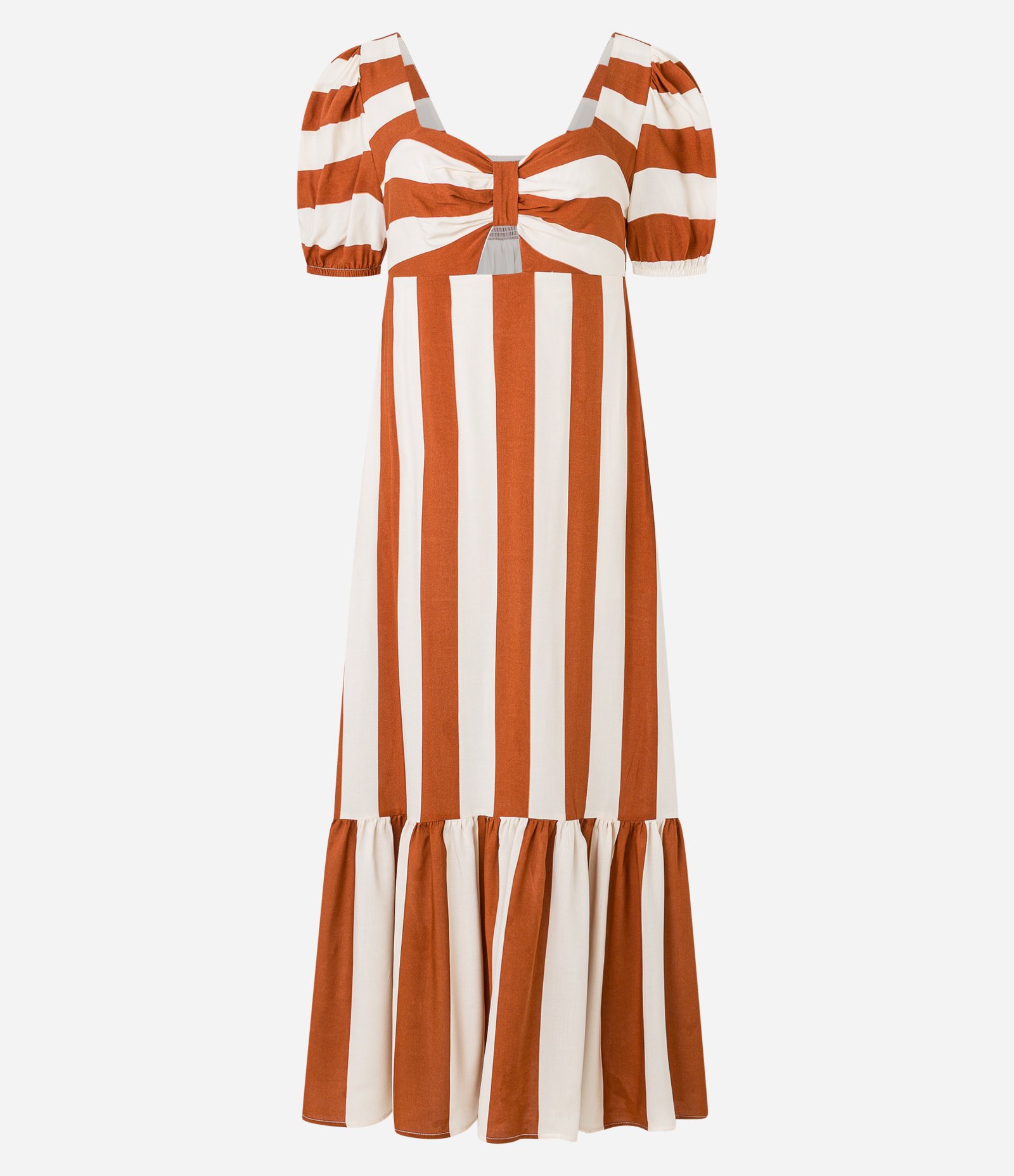 Vestido Longo em Viscose com Listras e Manga Bufante Bege 1