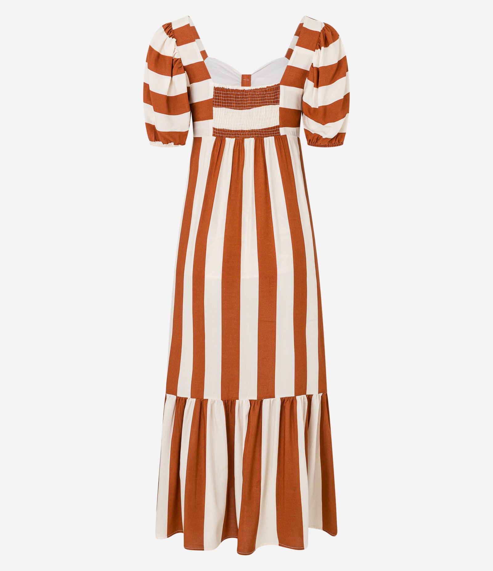 Vestido Longo em Viscose com Listras e Manga Bufante Bege 2