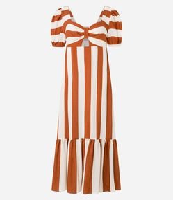 Vestido Longo em Viscose com Listras e Manga Bufante