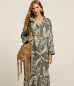 Vestido Chemise em Viscolinho com Manga 7/8 e Estampa Folhagem