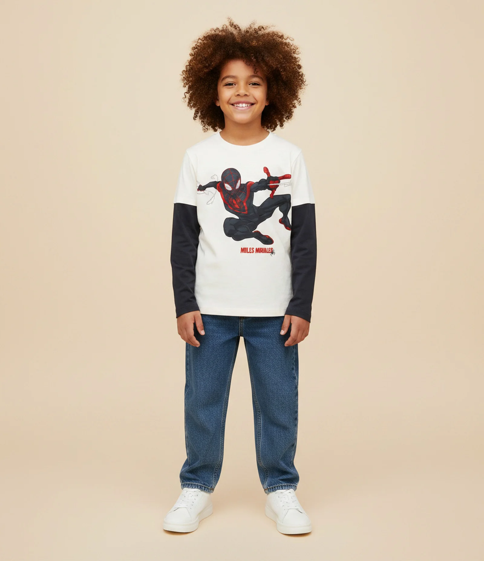 Camiseta Infantil com Estampa Homem-Aranha Miles Morales - Tam 5 a 14 Anos Off White/Preto 1