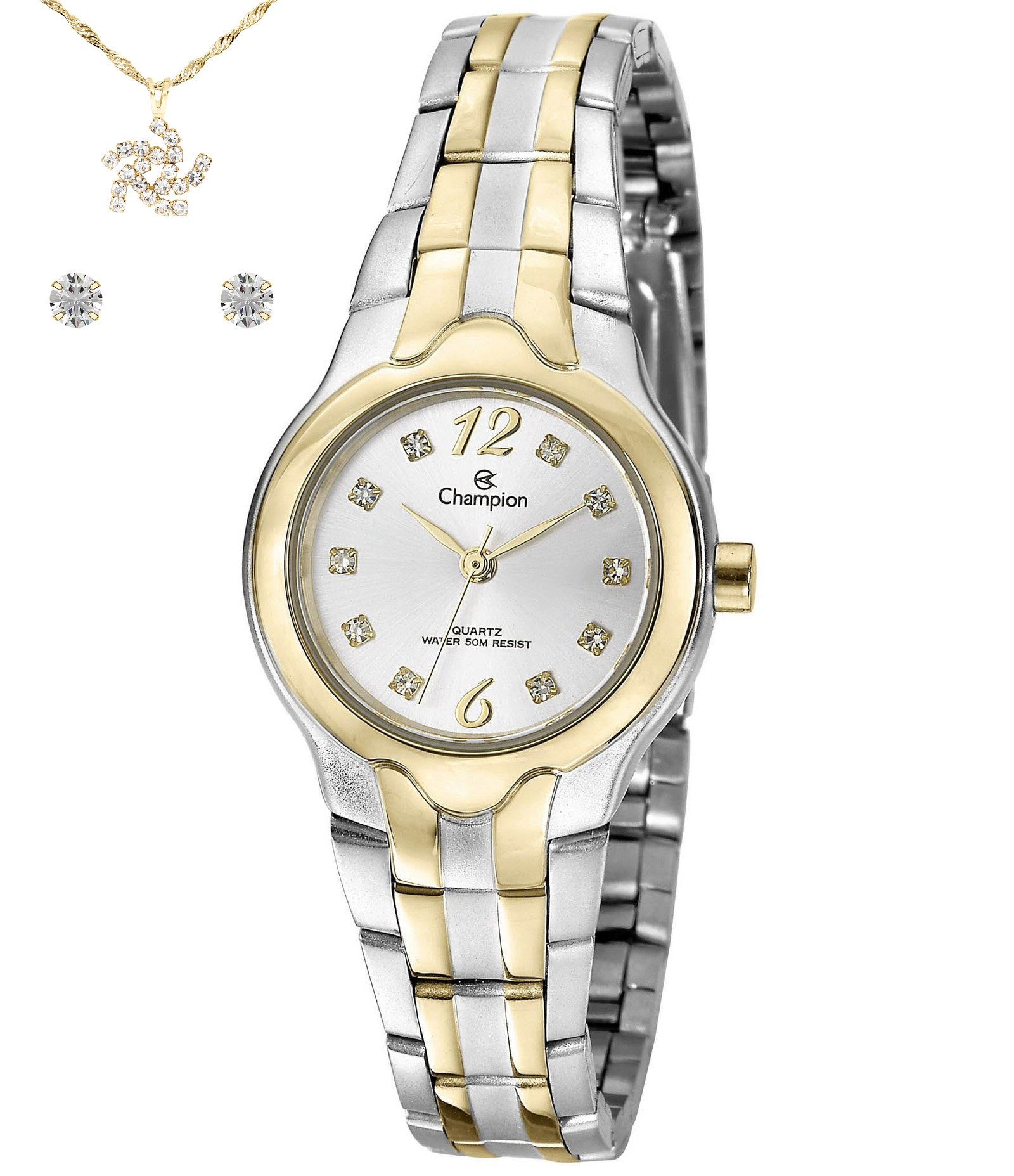 Kit Relógio Analógico Feminino Champion Dourado/Prata 3