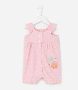 Macaquinho Infantil com Estampa Poá e Bordado de Flores - Tam 0 a 18 Meses