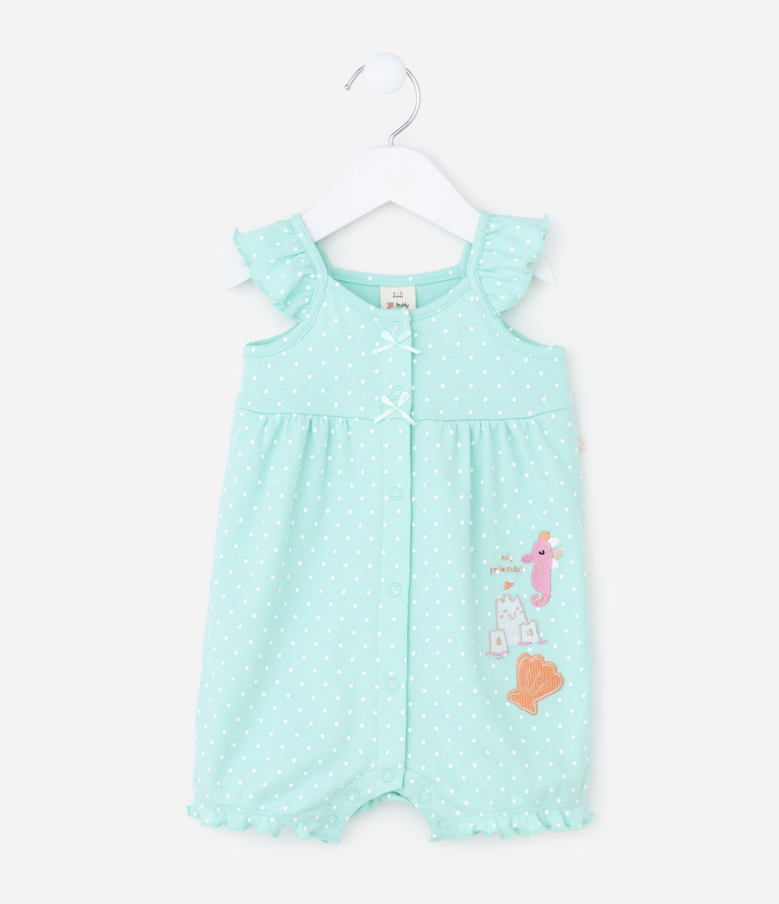 Macaquinho Infantil Suedine Poa com Babado e Bordado – Tam RN a 18 Meses Verde Água 1