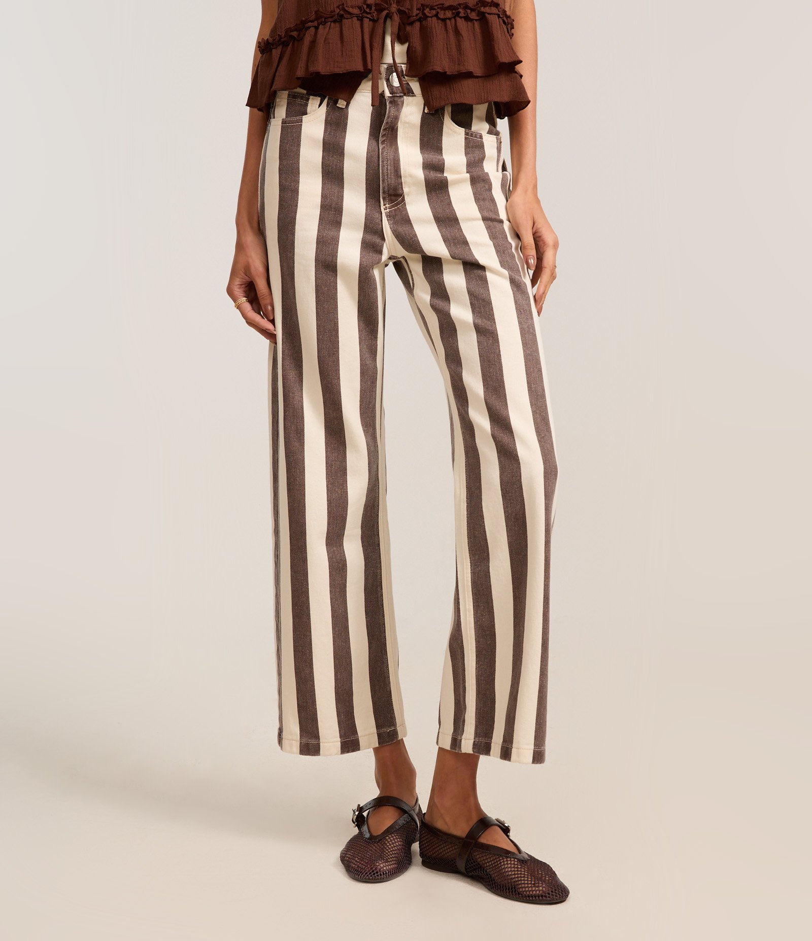 Calça Reta Cropped em Sarja Listrada Bicolor 3