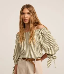 Blusa Listrada em Tricoline com Laço no Punho