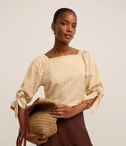 Blusa Listrada em Tricoline com Laço no Punho