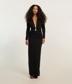 Vestido Long Midi com Decote V Profundo e Aviamento Frontal