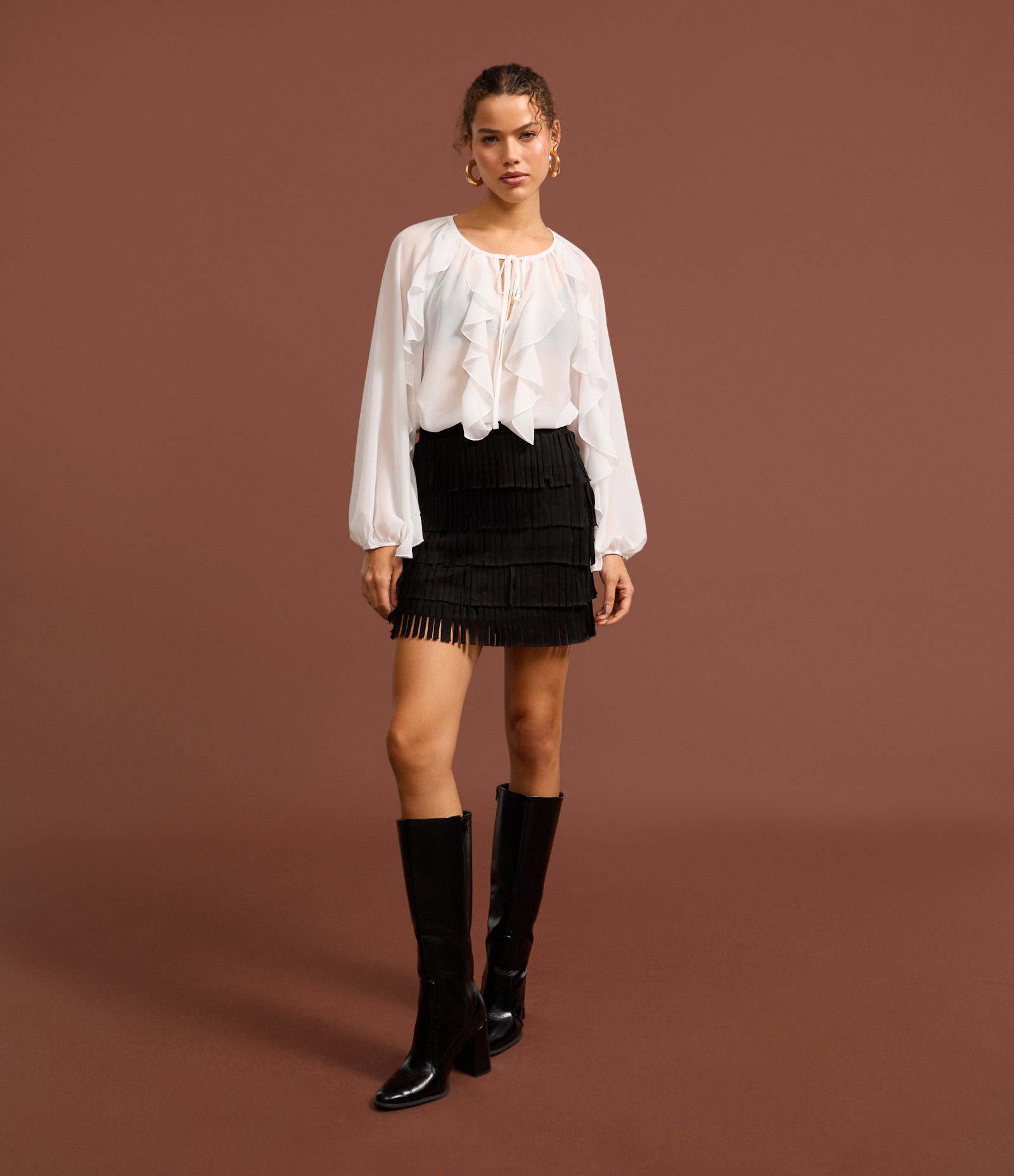 Saia Reta Estilo Folk em Suede com Camadas de Franjas Preto 5