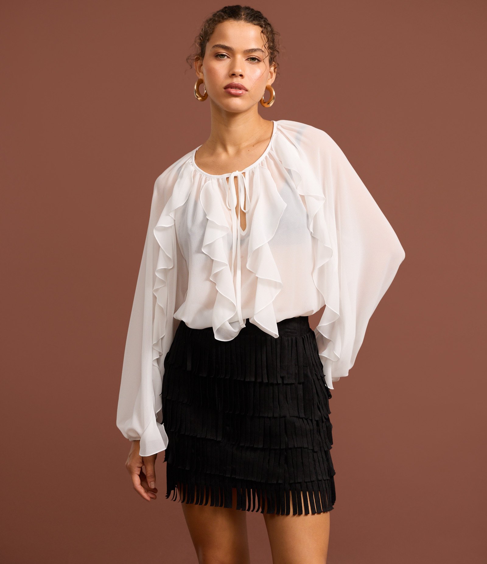 Saia Reta Estilo Folk em Suede com Camadas de Franjas Preto 6