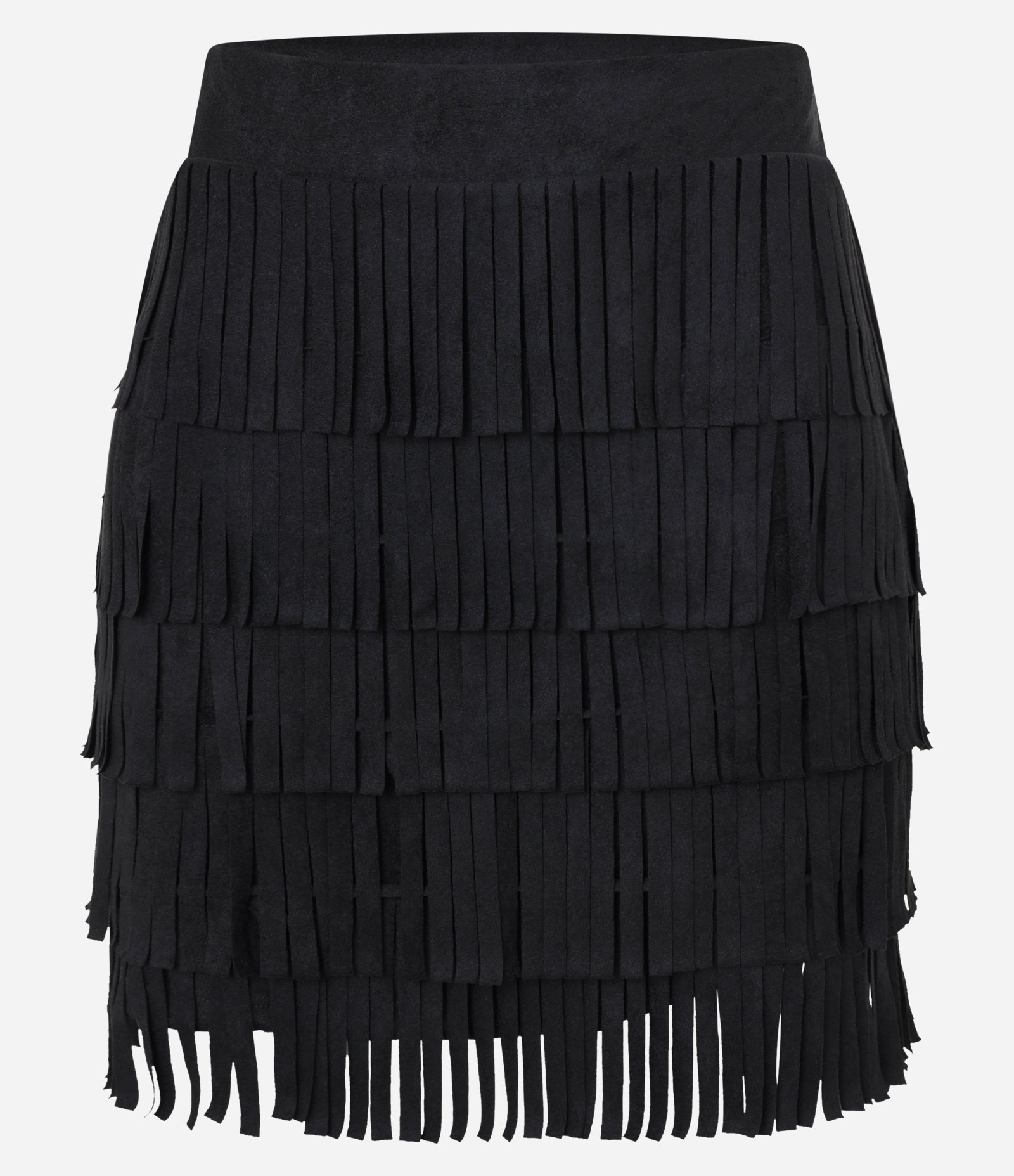 Saia Reta Estilo Folk em Suede com Camadas de Franjas Preto 7