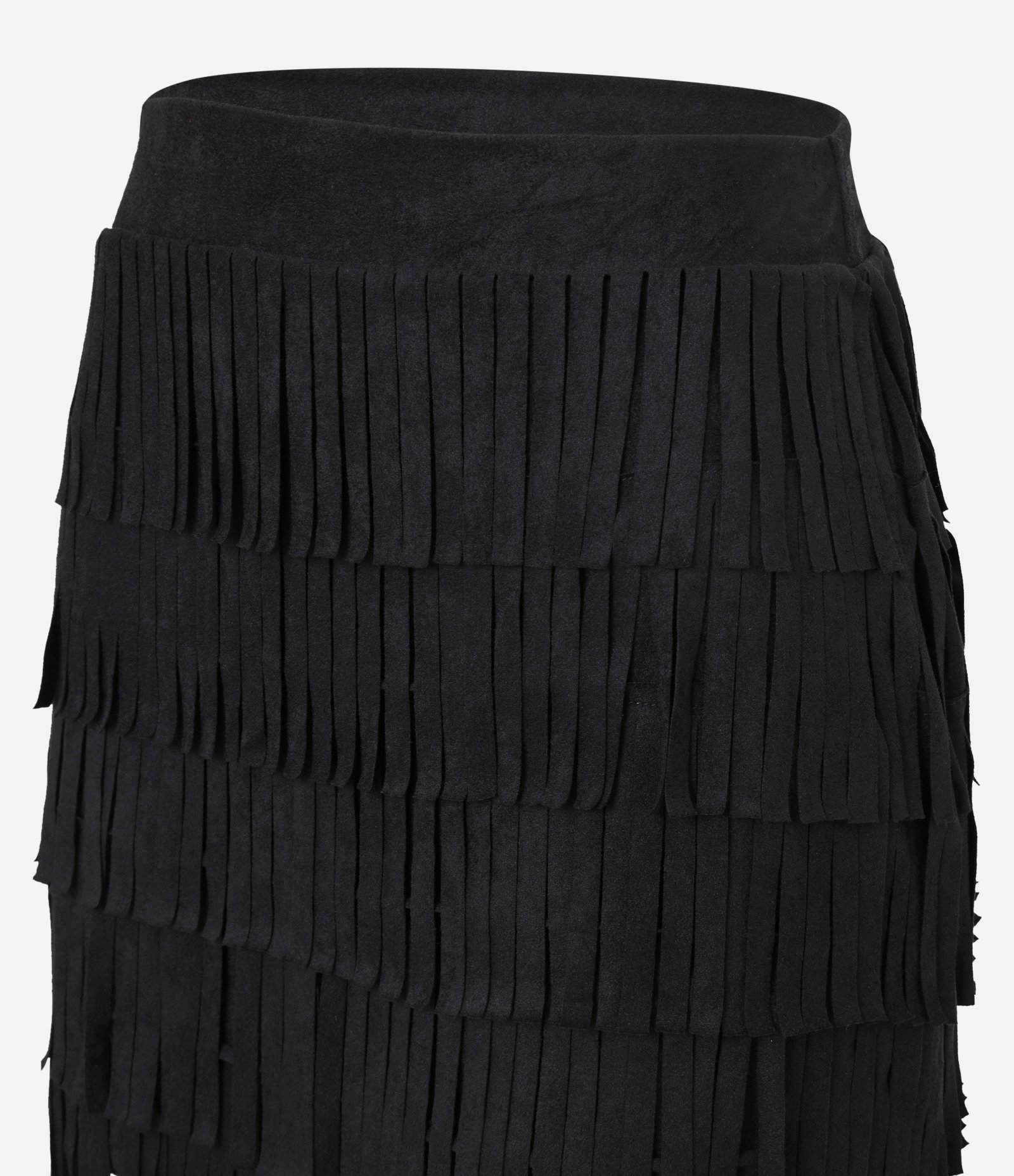 Saia Reta Estilo Folk em Suede com Camadas de Franjas Preto 8