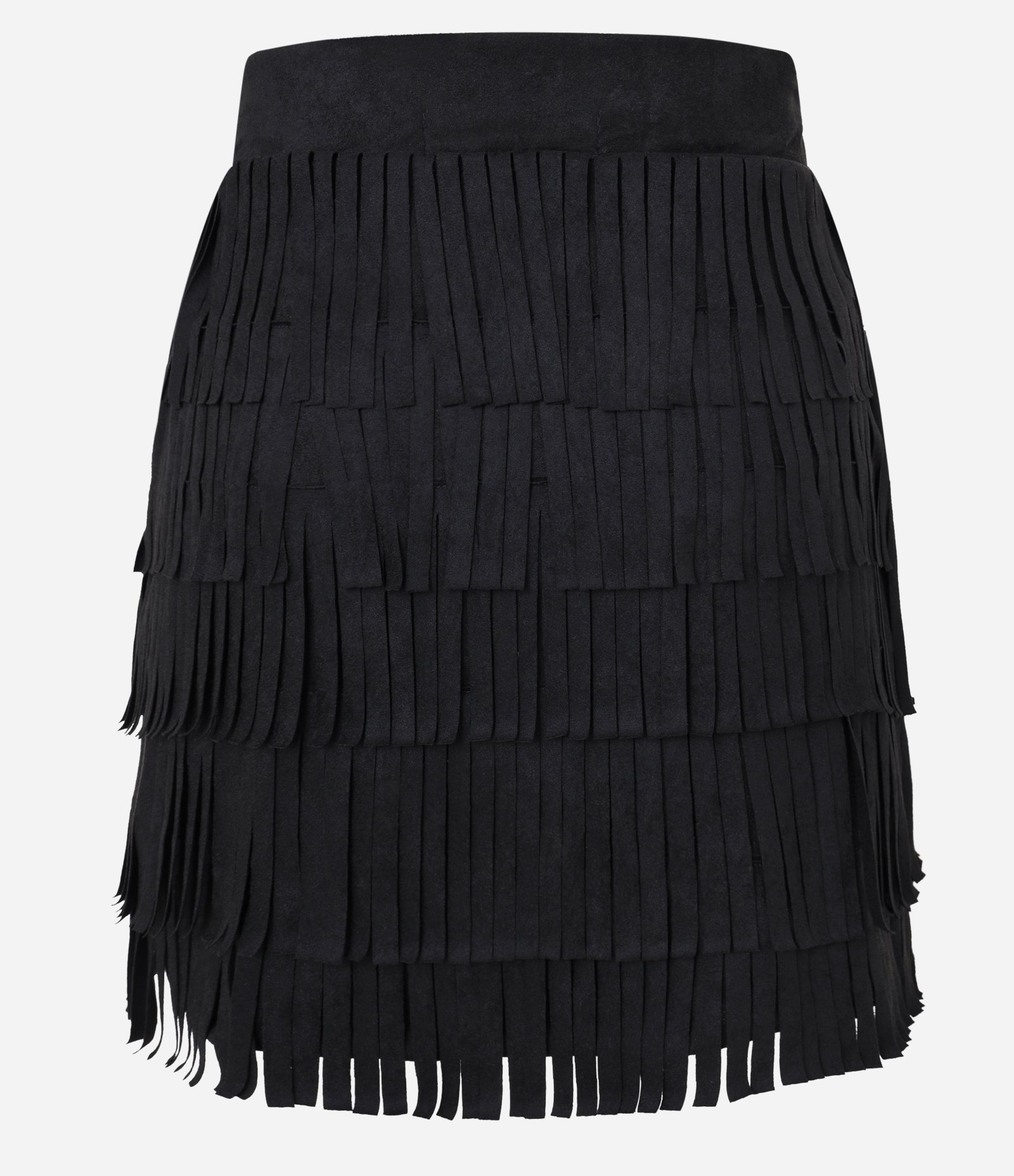 Saia Reta Estilo Folk em Suede com Camadas de Franjas Preto 9