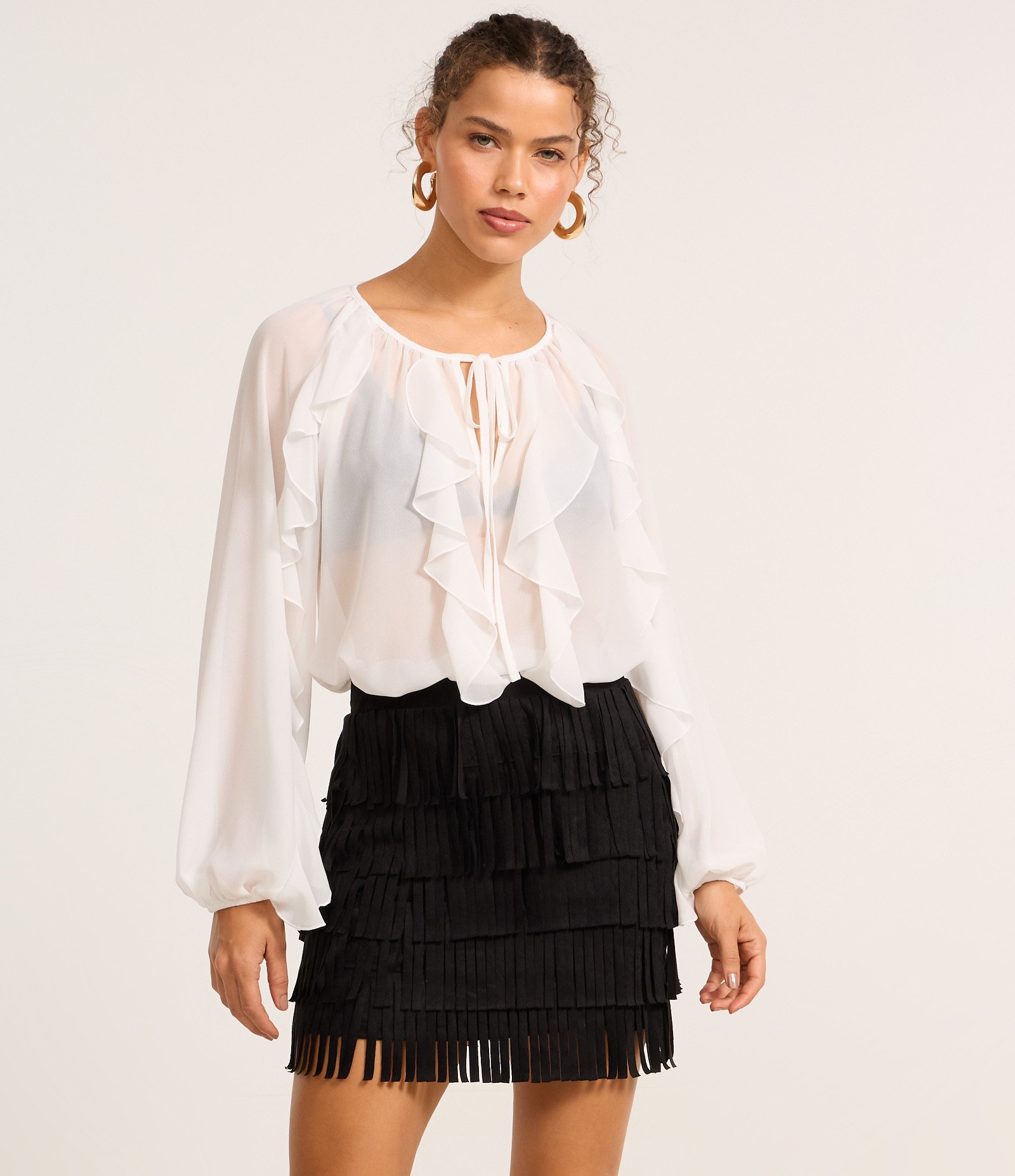 Saia Reta Estilo Folk em Suede com Camadas de Franjas Preto 2