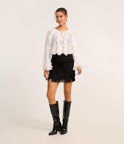 Saia Reta Estilo Folk em Suede com Camadas de Franjas