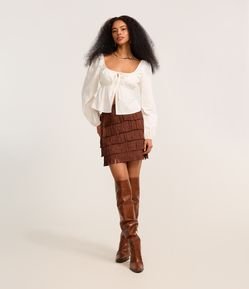 Saia Reta Estilo Folk em Suede com Camadas de Franjas