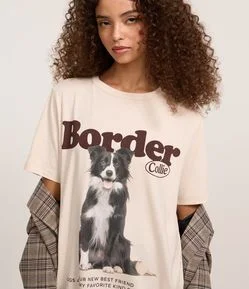 Camiseta Alongada em Algodão com Estampa Border Collie