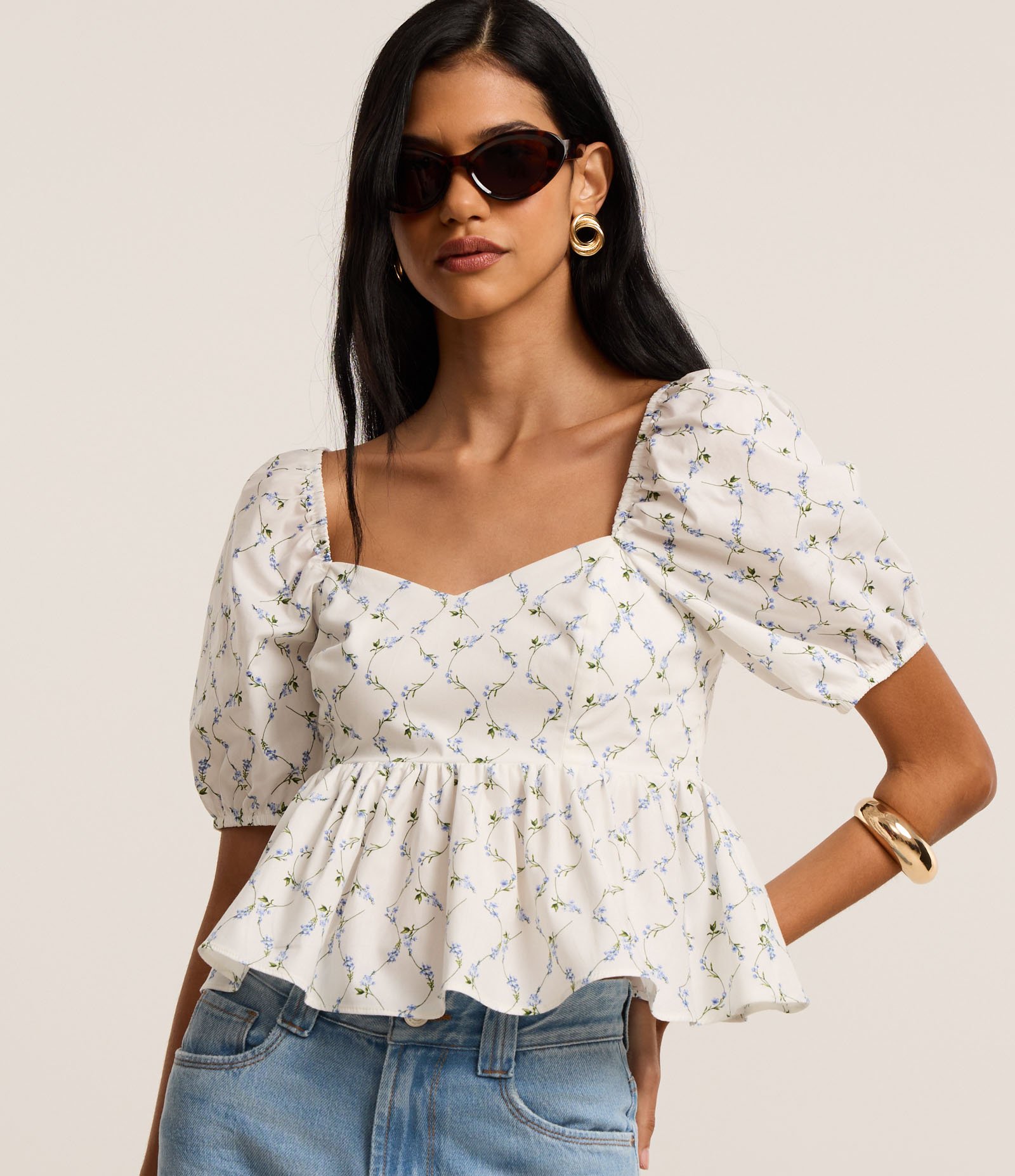 Blusa Peplum em Tricoline com Manga Bufante e Estampa Floral Branco 1