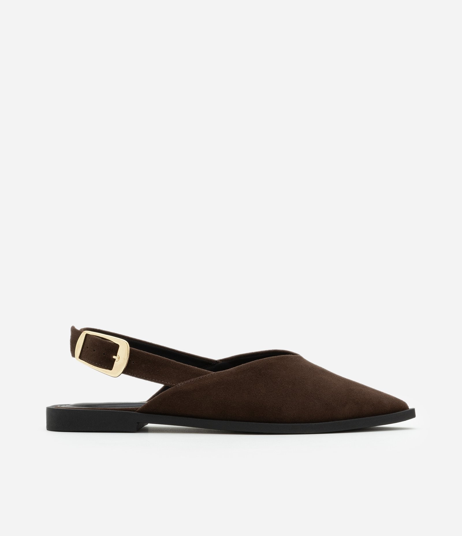 Sapatilha Slingback com Bico Fino e Fivela Lateral Contrastante Marrom 1