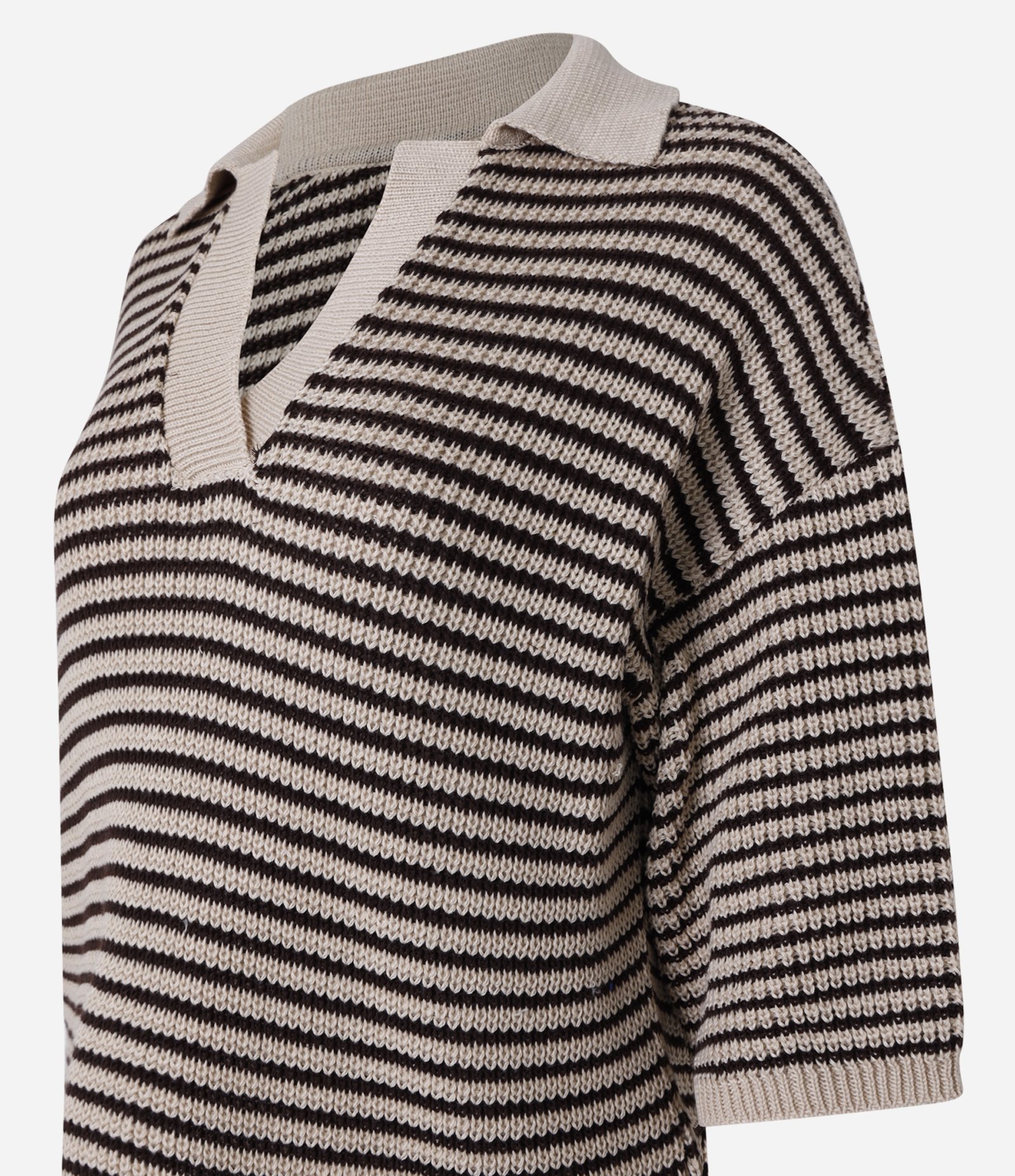 Blusa Over Alongada em Tricô com Gola Polo Listrada Marrom 2