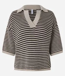 Blusa Over Alongada em Tricô com Gola Polo Listrada