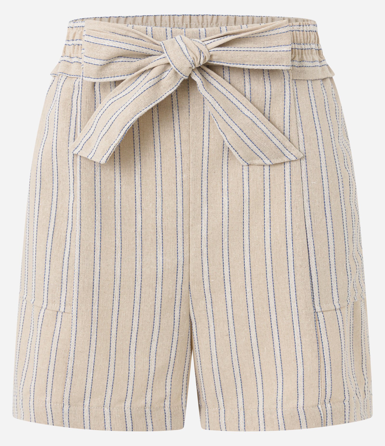 Short Runner Listrado em Viscolinho com Amarração Bege 5