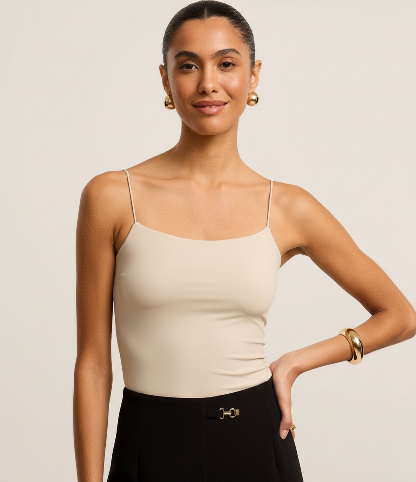Blusa de Alça em Poliamida com Decote Reto Bege 5