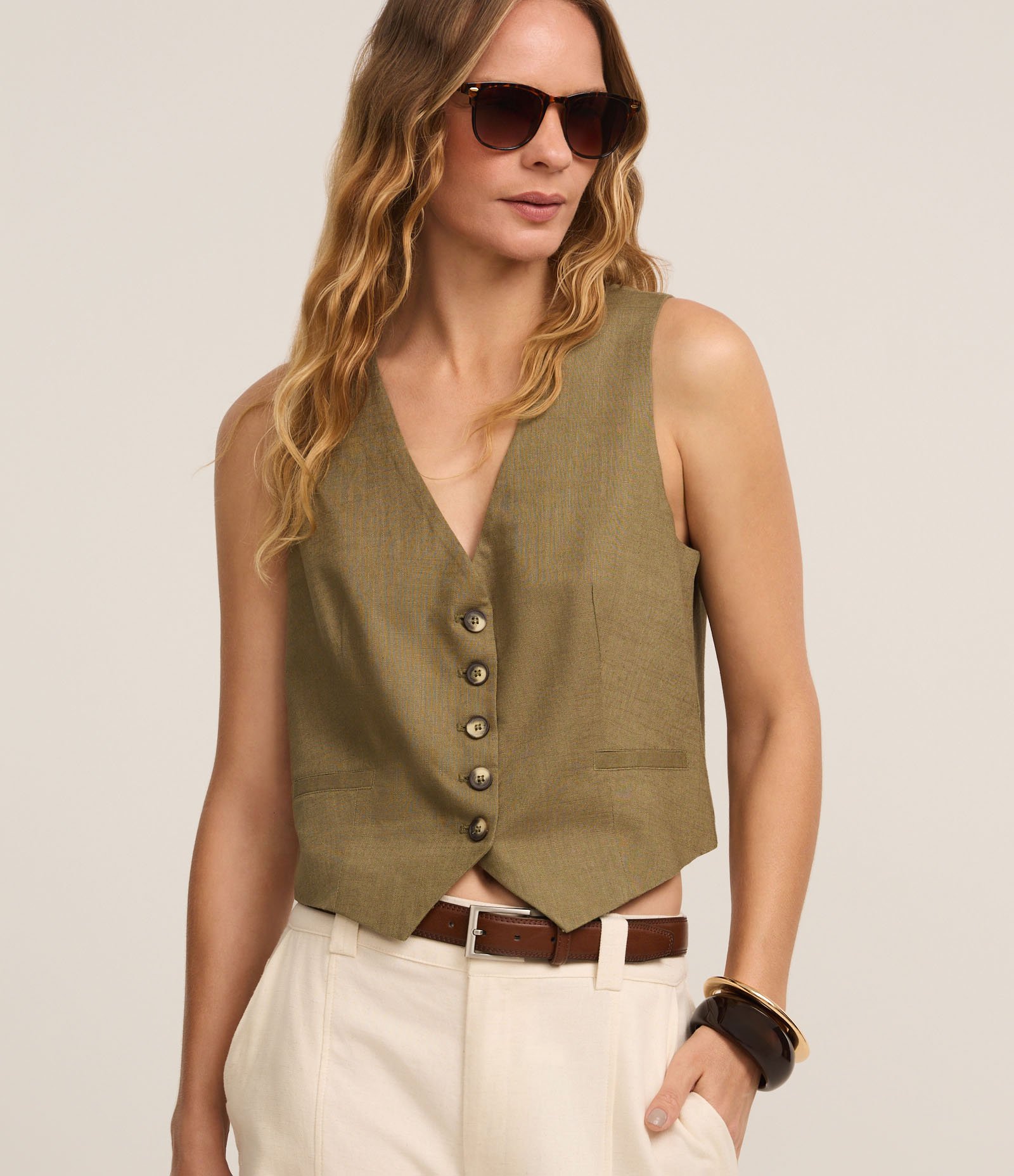 Colete Slim em Viscolinho com Botões Matizados Verde 1