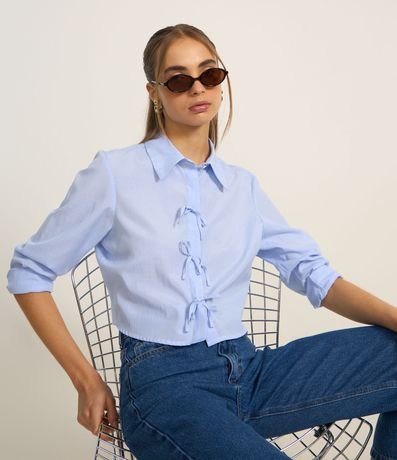 Camisa Cropped em Tricoline com Listras com Lacinhos Frontais