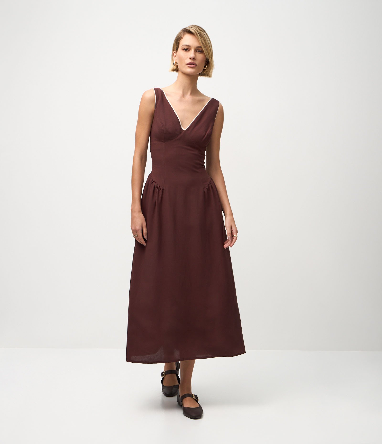 Vestido Evasê Midi com Viés Contrastantes Marrom 2