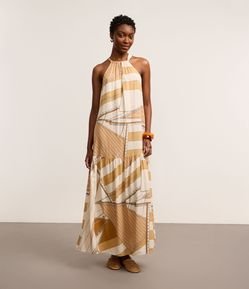 Vestido Evasê Midi em Viscolinho com Estampa Vela de Barco