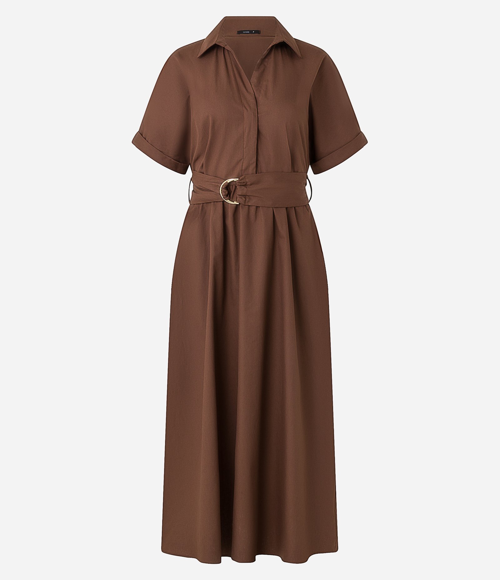 Vestido Chemise Evasê em Tricoline Fivela Meia Lua Marrom 5
