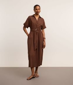 Vestido Chemise Evasê em Tricoline Fivela Meia Lua