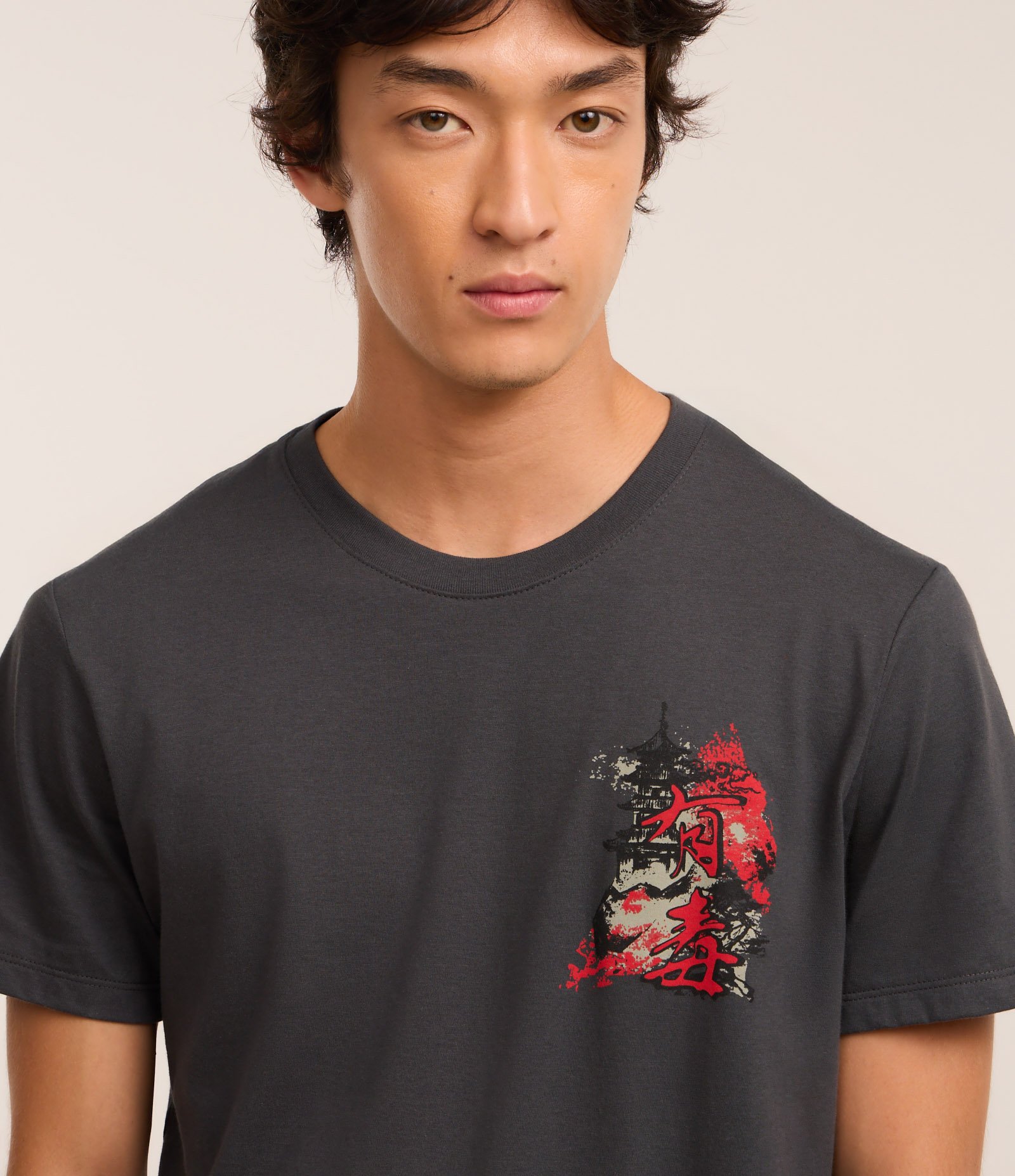 Camiseta Comfort em Algodão  com Estampa de Cobra Oriental Cinza 4