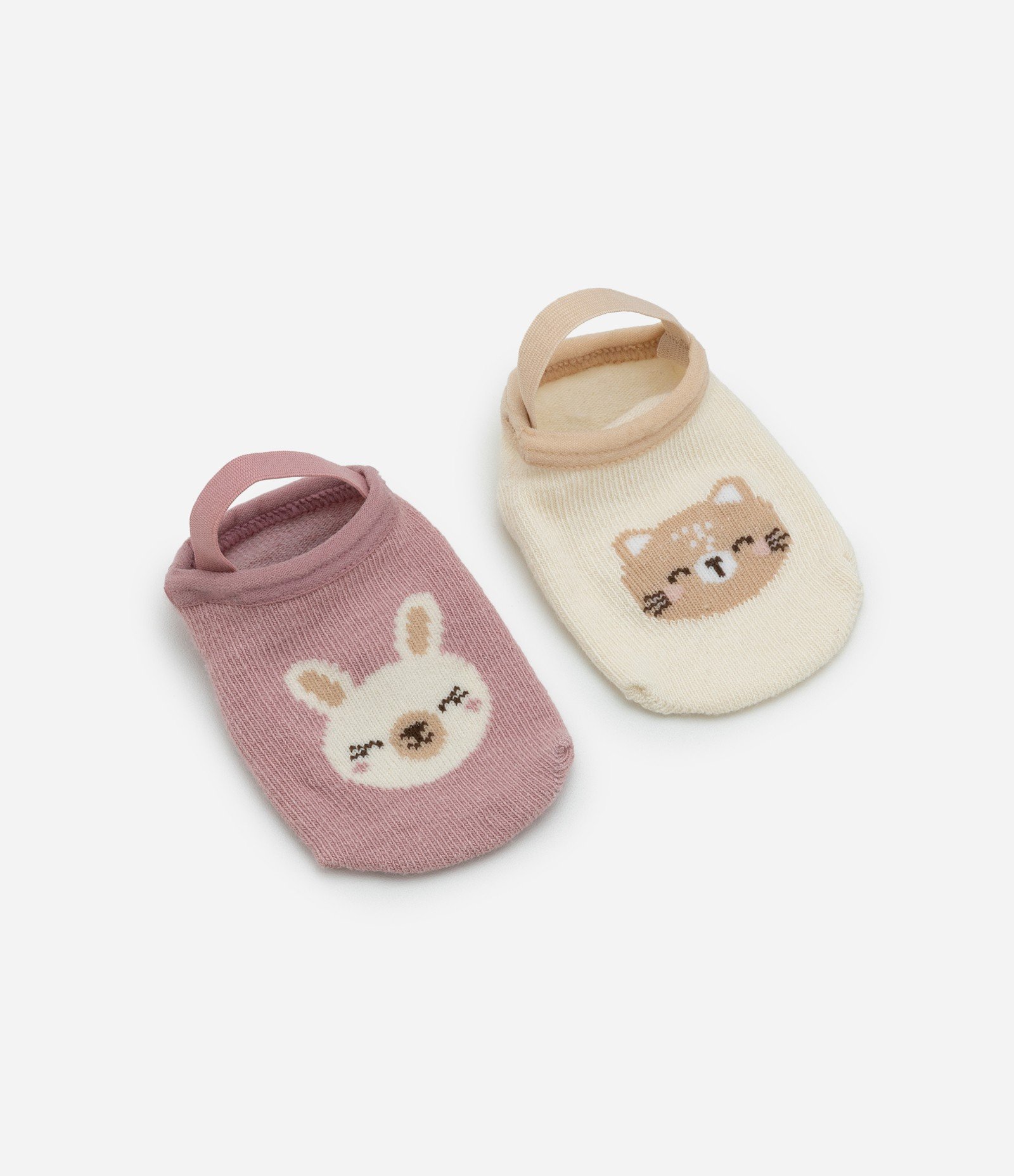 Kit 02 Meias Infantis Sapatilha com Antiderrapante Gato e Coelho - Tam 0 a 12 meses Bege/Rosa 2